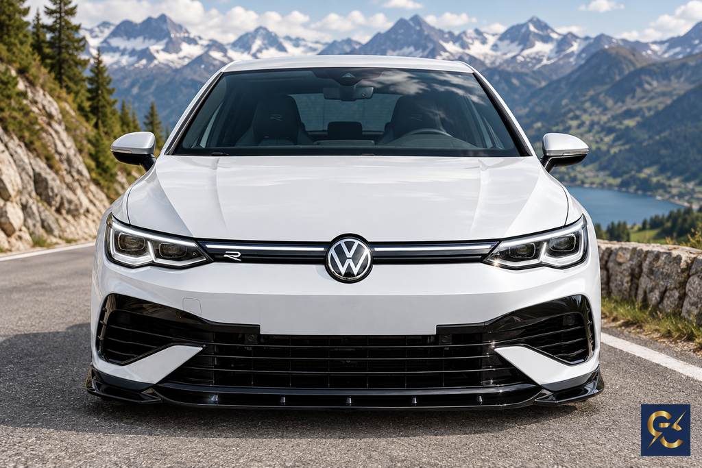 Golf 8 R bianca frontale montagna - logo GC
