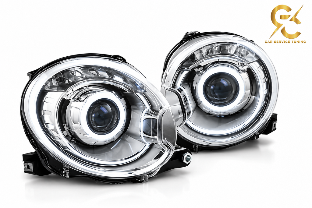 Fari angel eye cromo con LED per Fiat 500 2007-2015 su sfondo bianco