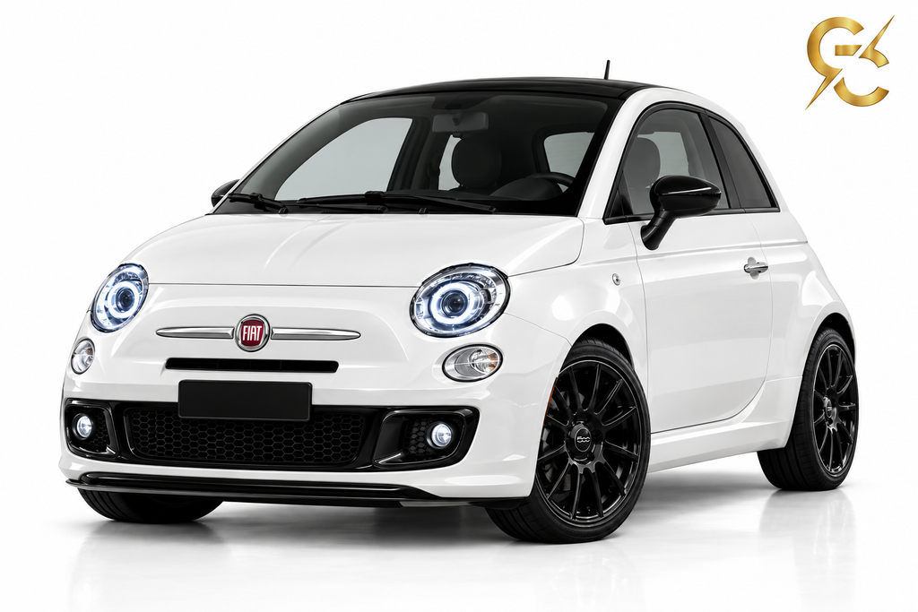 Fiat 500 bianca con fari angel eye LED cromati accesi - Car Service Tuning